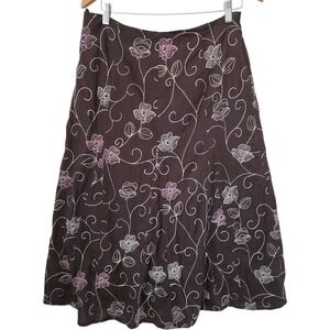 Harolds Skirt Sz 8 Brown Pink Floral Embroidered Cotton Midi Boho A Line
